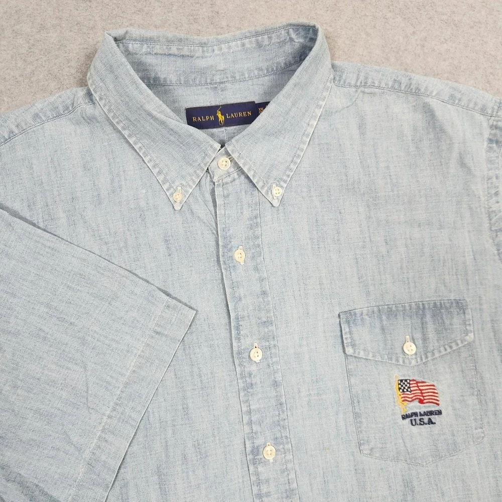 Ralph Lauren Shirt Mens XXL Blue Chambray Denim USA Flag Embroidered Western